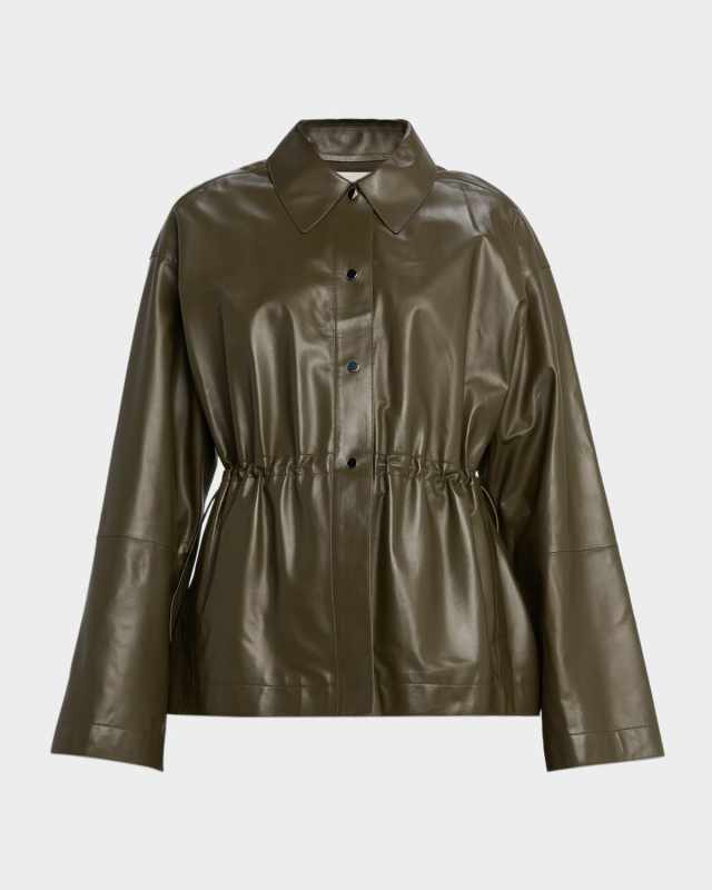 Drawstring Lambskin Leather Shirt Jacket